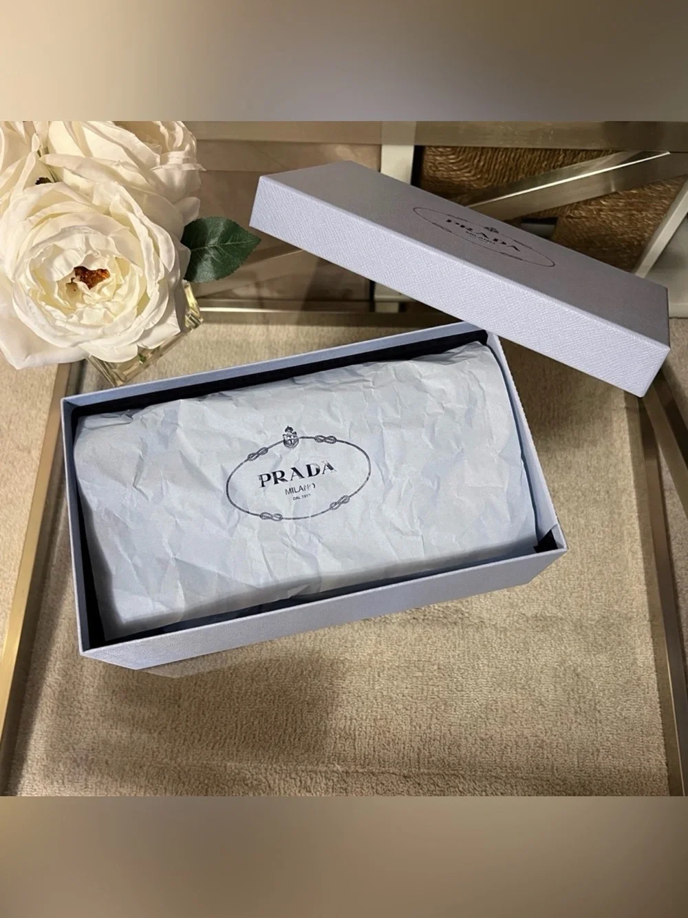 Prada Black Shoe Dust Bags with Light Blue Box